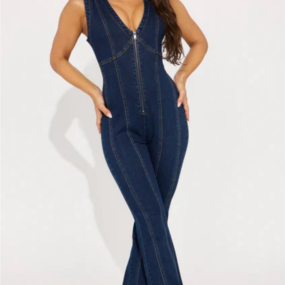 Fashion Nova Dark Blue Denim Jumpsuit